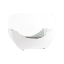 Denna vita kamin är designad i en attraktiv rund form och passar i både traditionellt och modernt inredda hem.