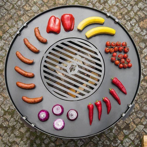 Rund stor grillplatta till bålfat med galler och 4 handtag Grillplatta med galler och fyra handtag